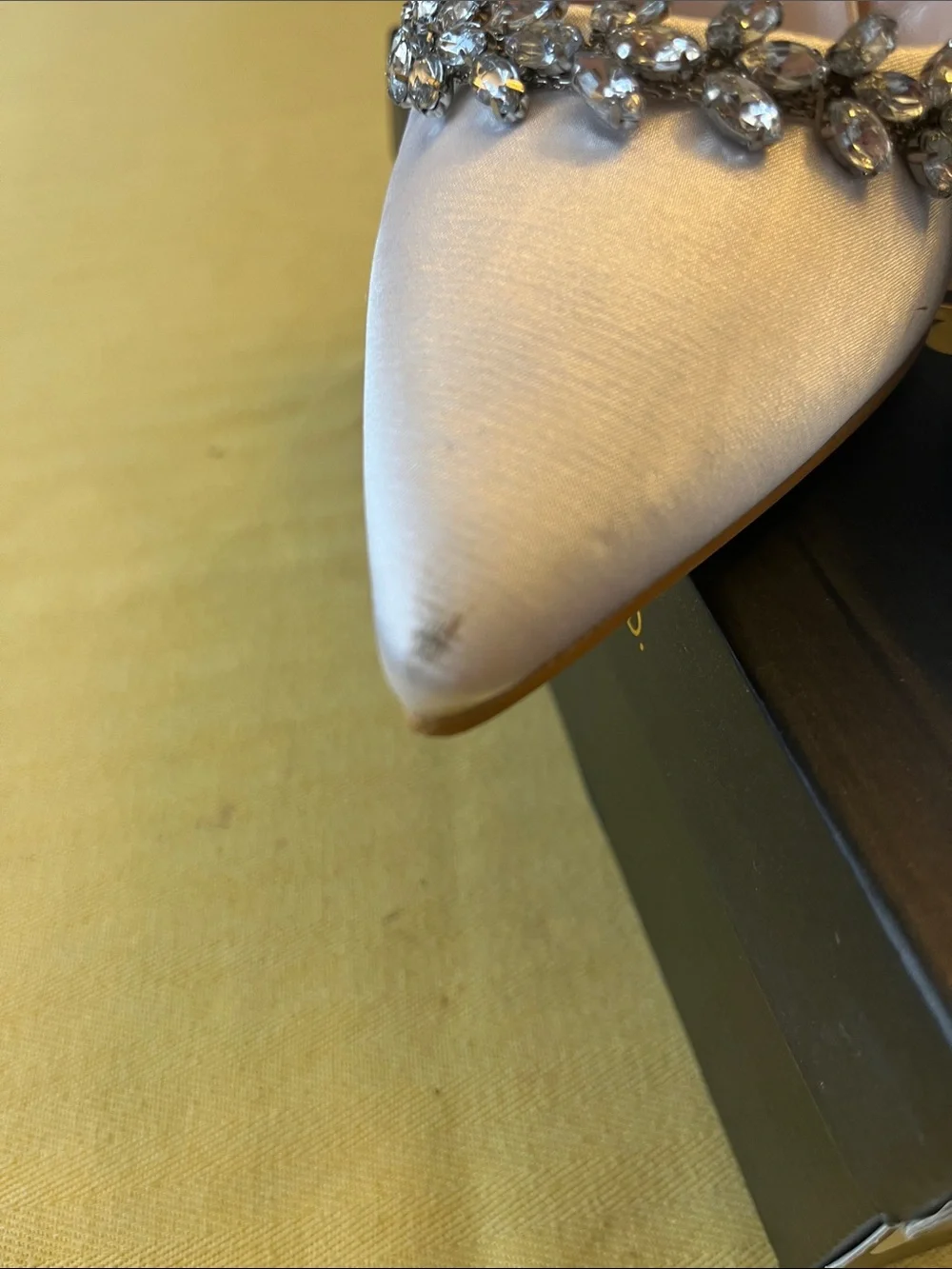 Lulu's Satin White Pointed-Toe Jeweled Slingback Heels